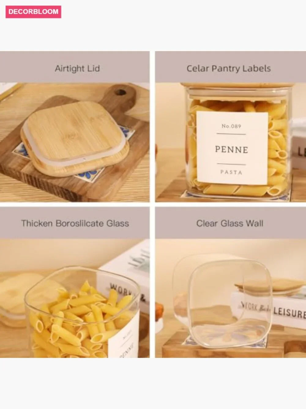 6-Pack Square Glass Pantry Storage Jars with Bamboo Lids & Labels